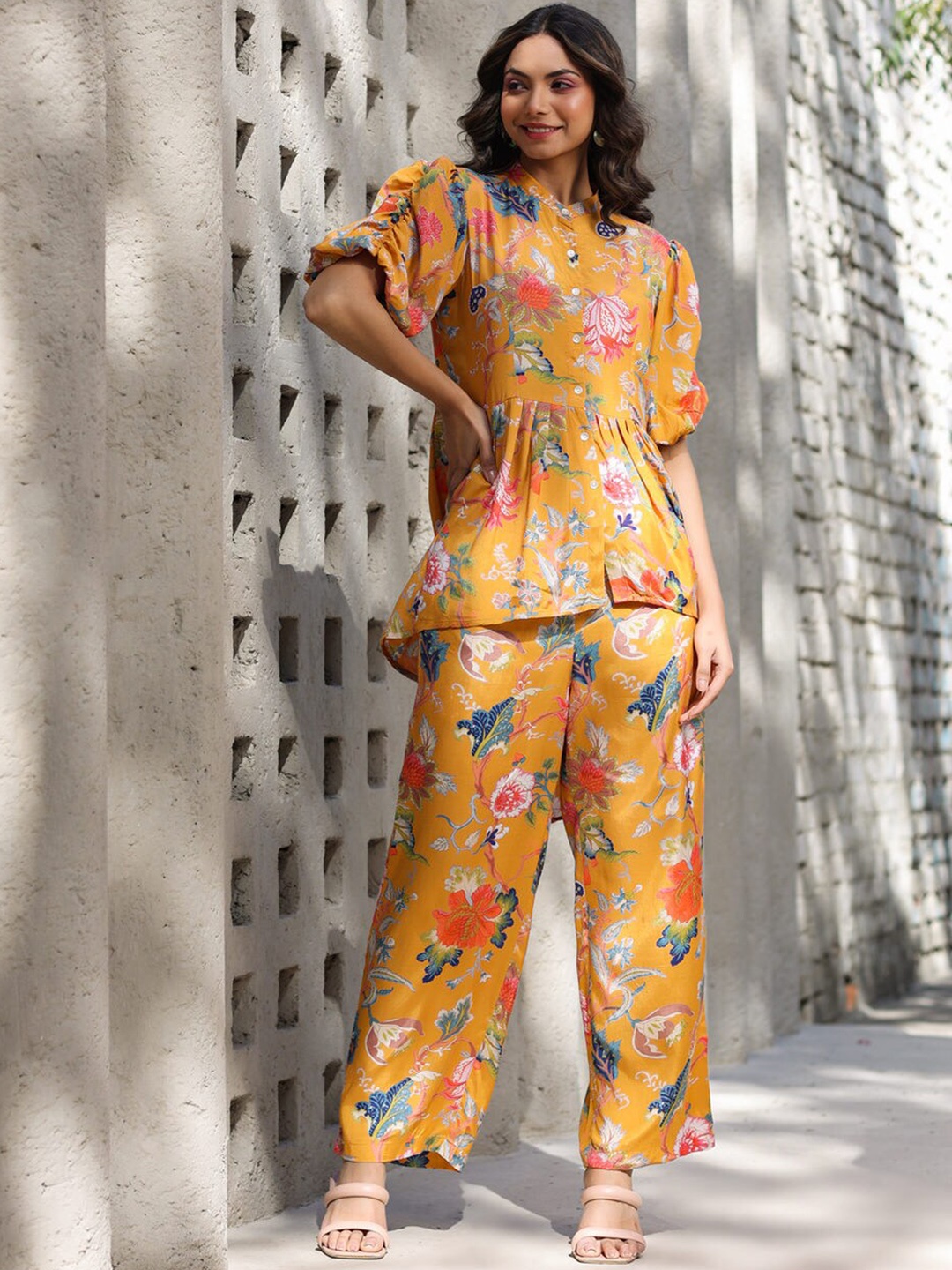 

JISORA Printed Top With Trouser Co-Ords, Yellow