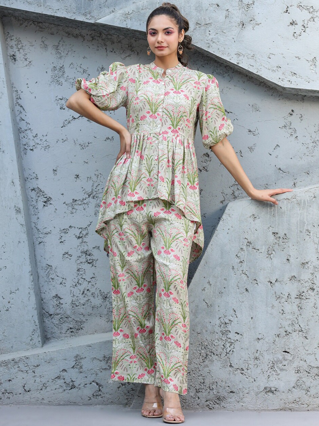 

JISORA Women Floral Printed High Low Hem Top & Palazzo Co-Ords, Green