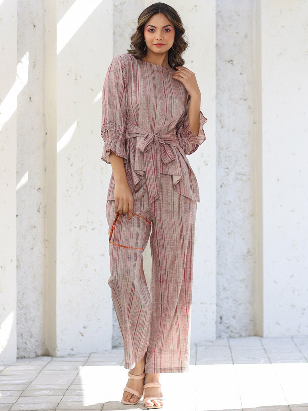 

JISORA Striped Top With Trousers Co-Ords, Beige