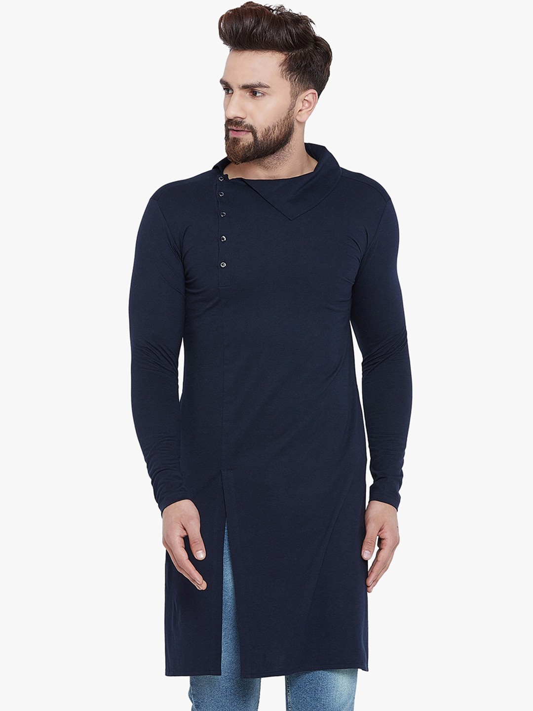 

CHILL WINSTON Men Angrakha Style Straight Kurta, Navy blue