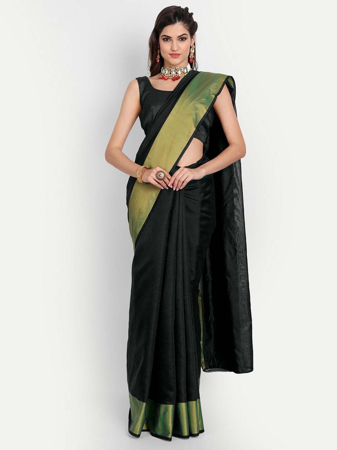 

MotiHamir Traditional Zari Border Cotton Blend Kota Saree, Black