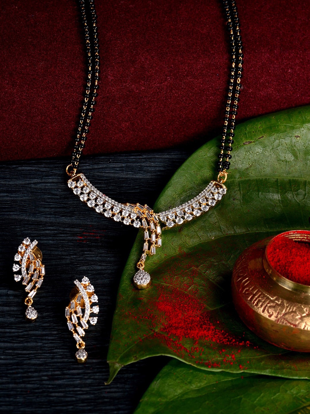 

Saraf RS Jewellery Gold-Plated AD Studded Mangalsutra With Earrings, White