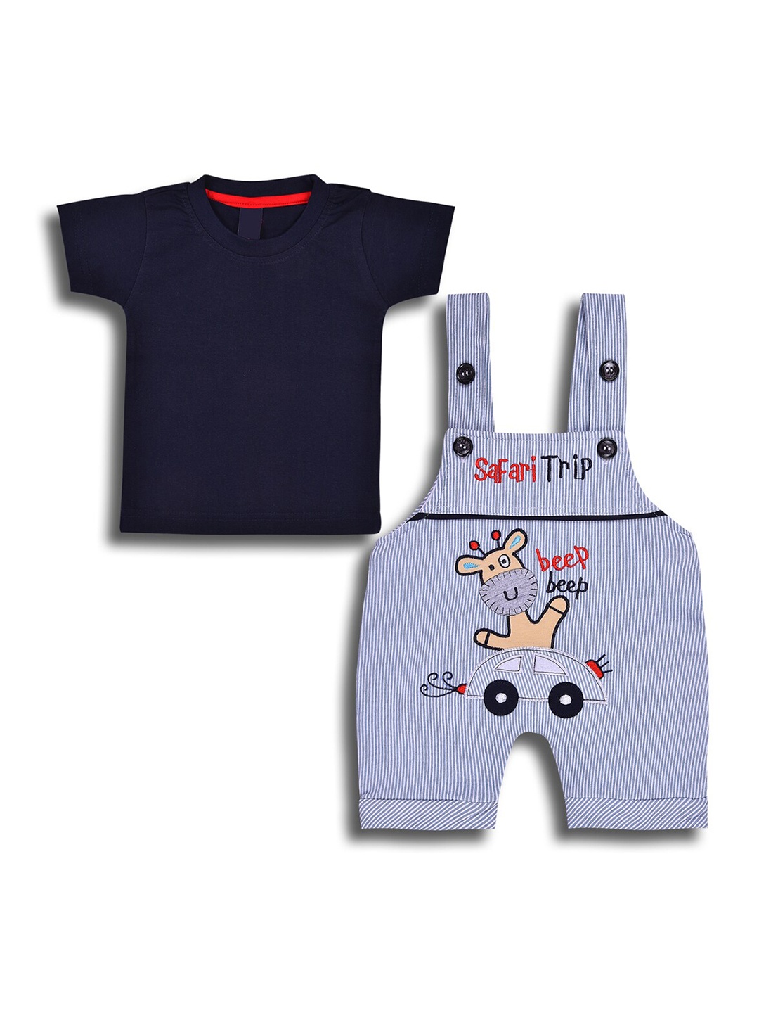 

Wish Karo Infant Boys Pure Cotton T-shirt and Dungarees Clothing Set, Blue