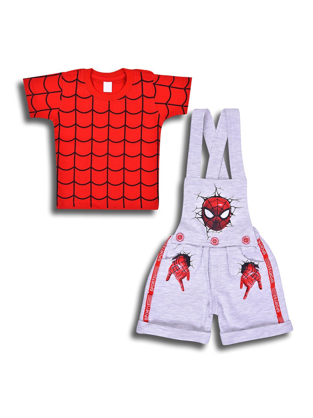 

Wish Karo Boys Spider Man Printed Cotton T-shirt with Dungaree Shorts, Red