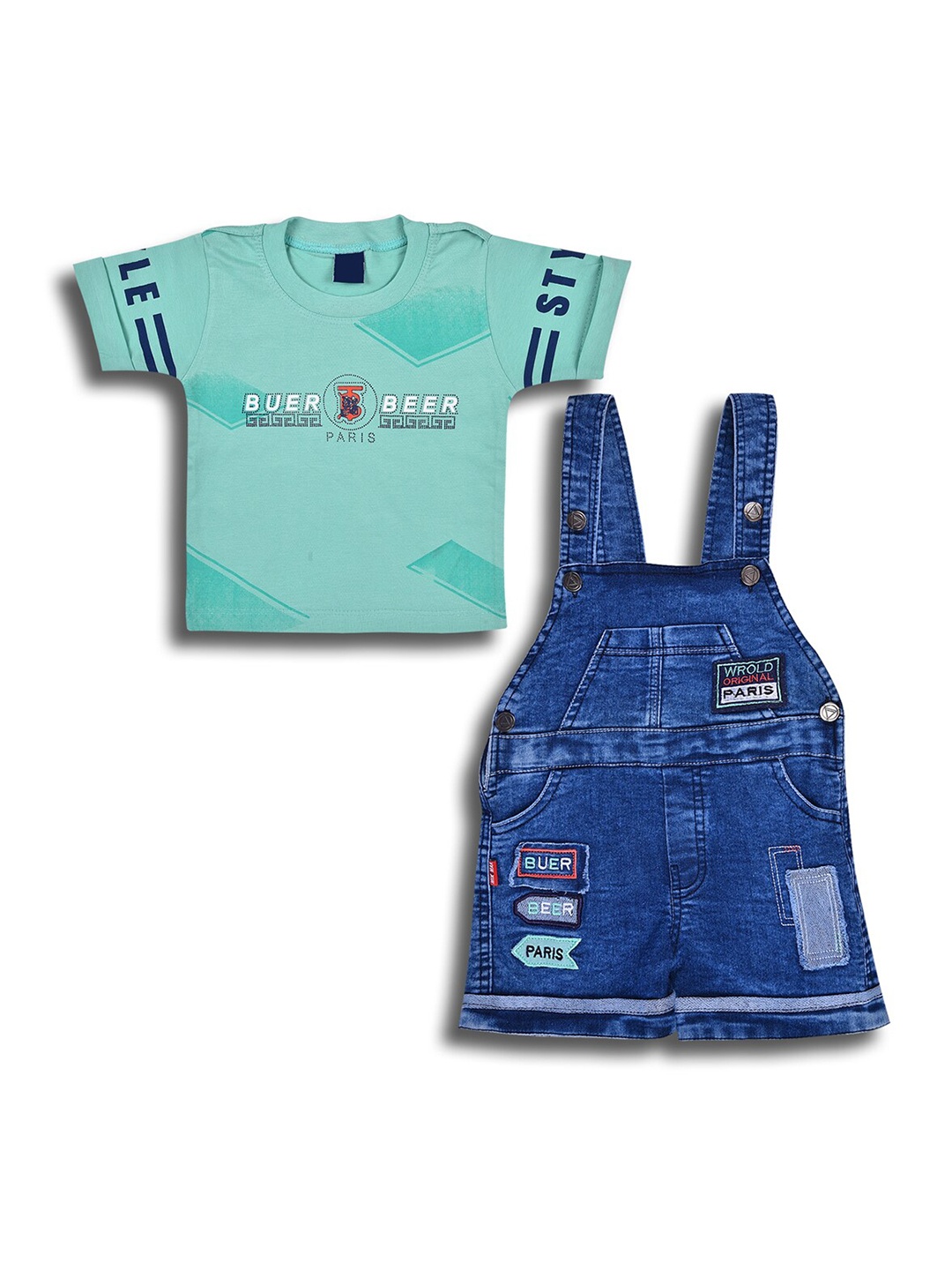 

Wish Karo Boys Cotton Printed T-shirt with Dungaree Shorts, Green