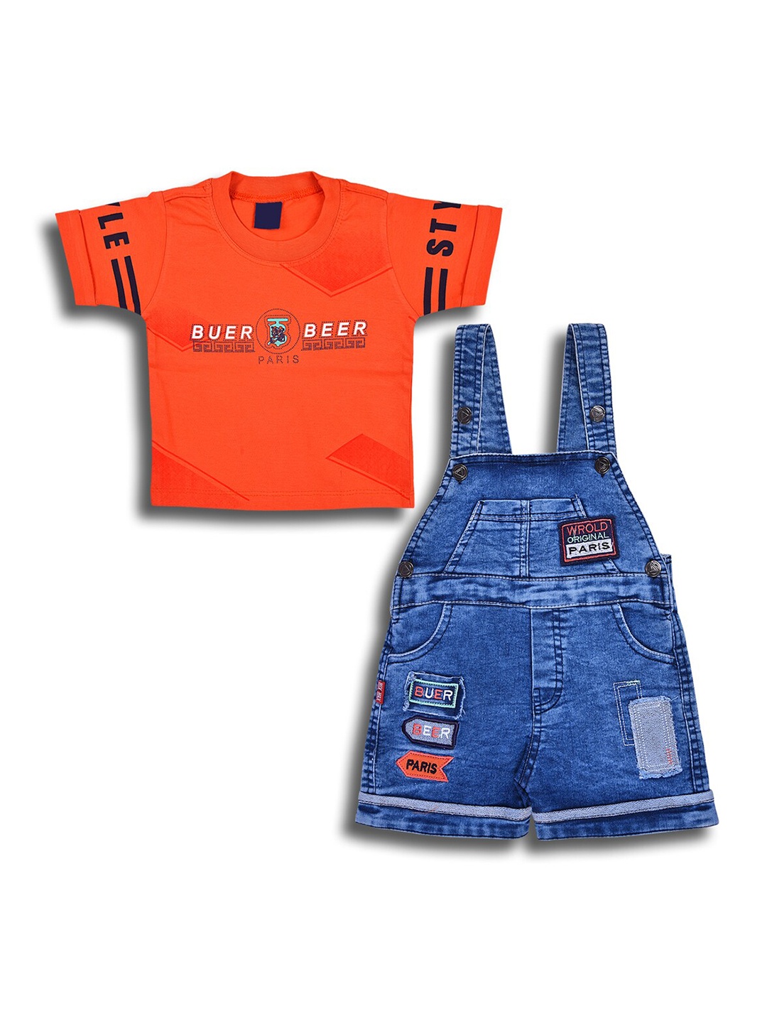 

Wish Karo Infant Boys Printed Pure Cotton T-shirt and Dungarees Clothing Set, Orange