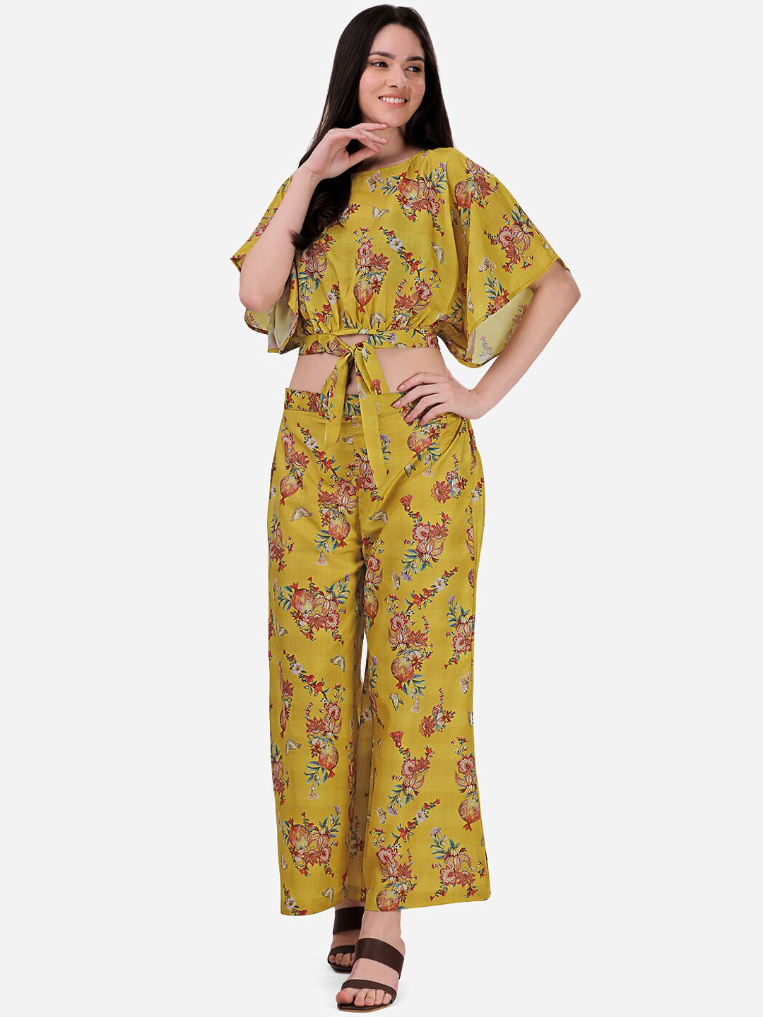

HERE&NOW Women Printed Top with Palazzos Co-Ords Set, Mustard
