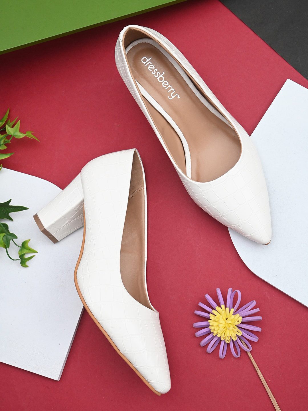 

DressBerry Textured Pointed Toe Block Heel Pumps, White