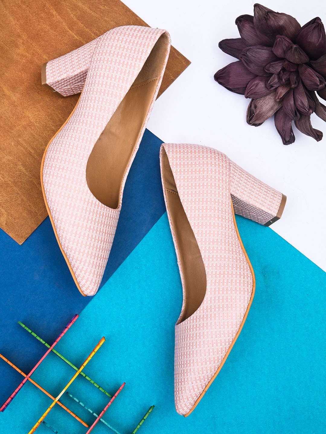 

DressBerry Textured Pointed Toe Block Pumps, Pink