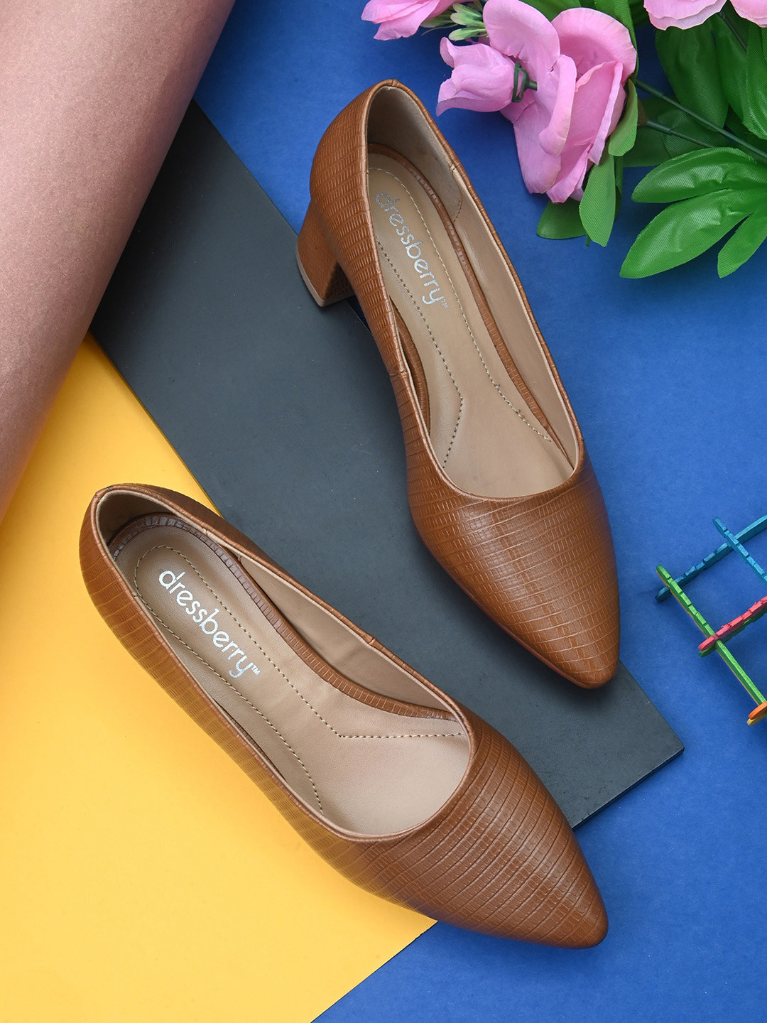 

DressBerry Textured Pointed Toe Block Heel Pumps, Tan