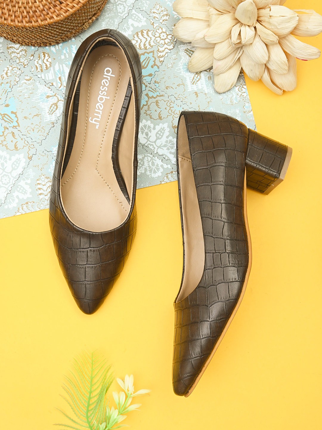 

DressBerry Textured Pointed Toe Block Pumps, Coffee brown