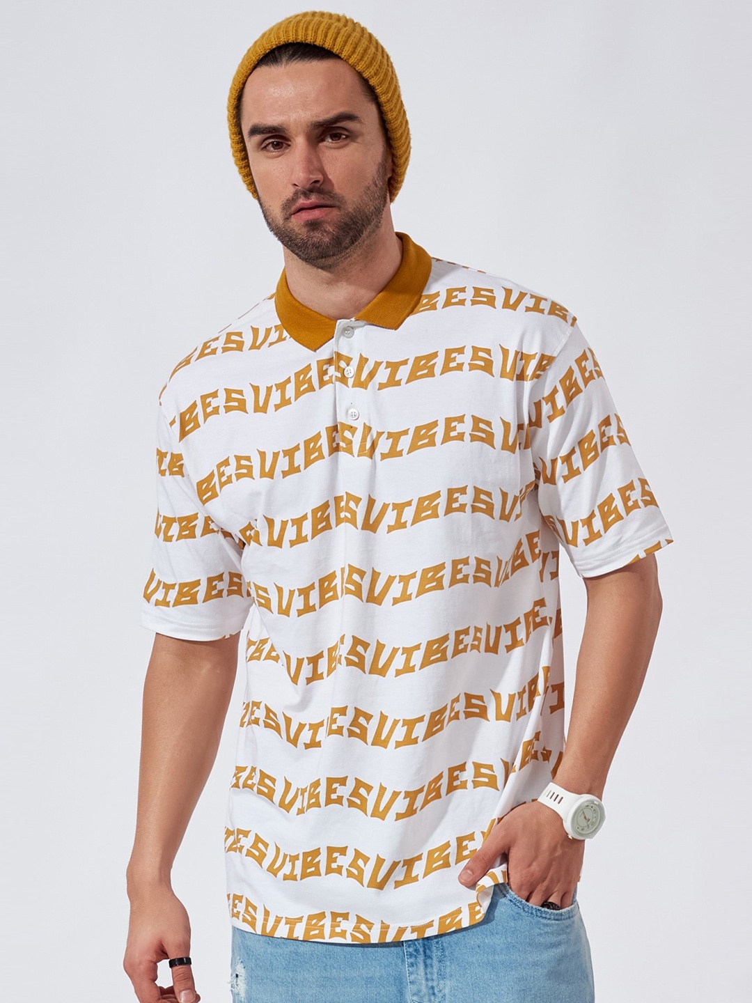 Maniac Typography Printed Polo Collar Cotton Boxy T-shirt, White