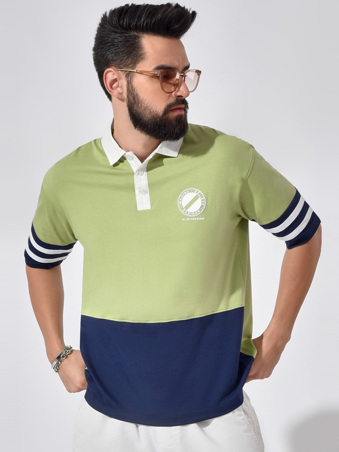 

Maniac Colourblocked Polo Collar Cotton Boxy T-shirt, Green