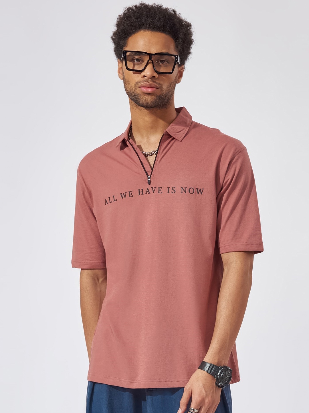 

Maniac Typography Embroidered Polo Collar Cotton Oversized T-shirt, Pink