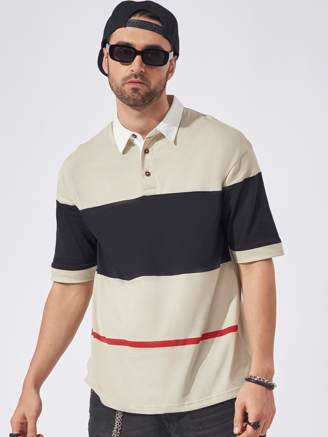 

Maniac Colourblocked Polo Collar Cotton Boxy T-shirt, Beige