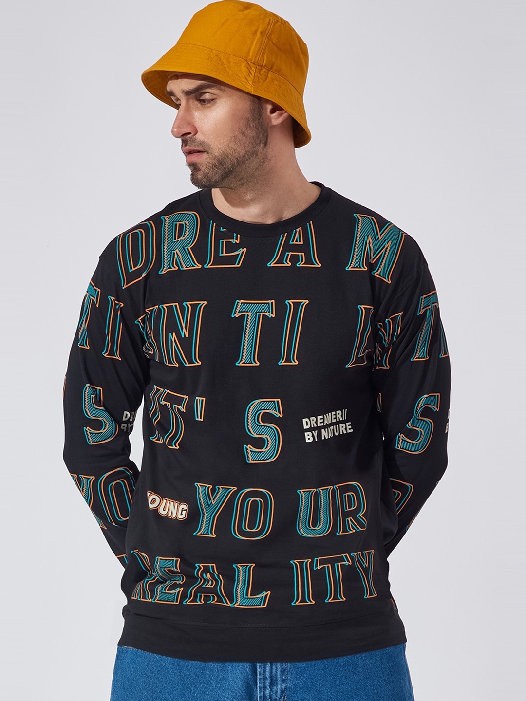 

Maniac Typography Printed Long Sleeves Cotton Oversized T-shirt, Black