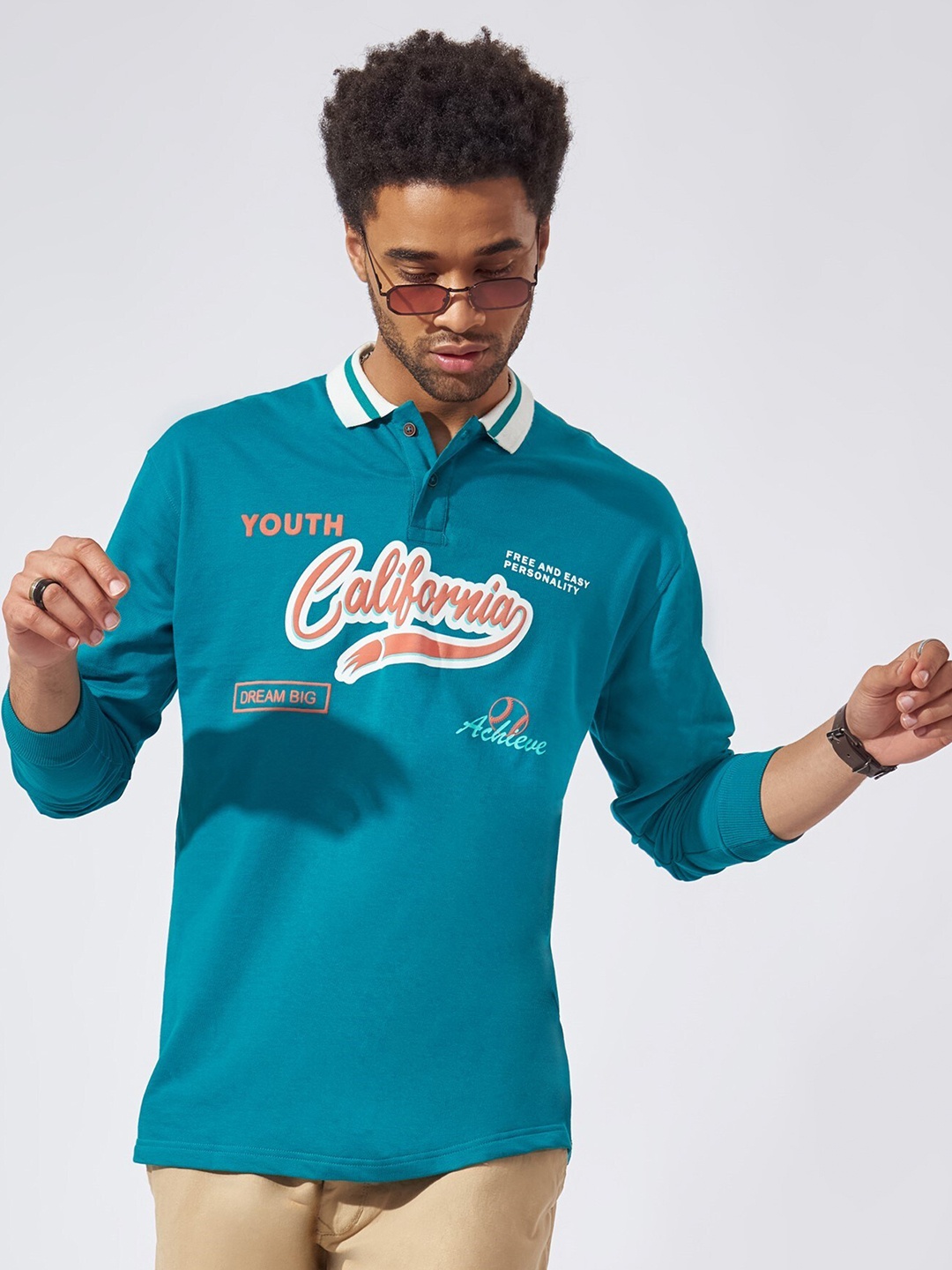 

Maniac Typography Printed Polo Collar Cotton T-shirt, Turquoise blue