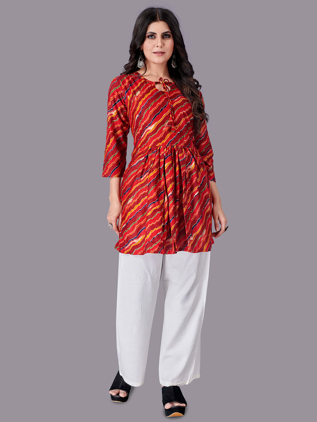 

Fashion FRICKS Tie-Up Neck Striped A-Line Top, Red