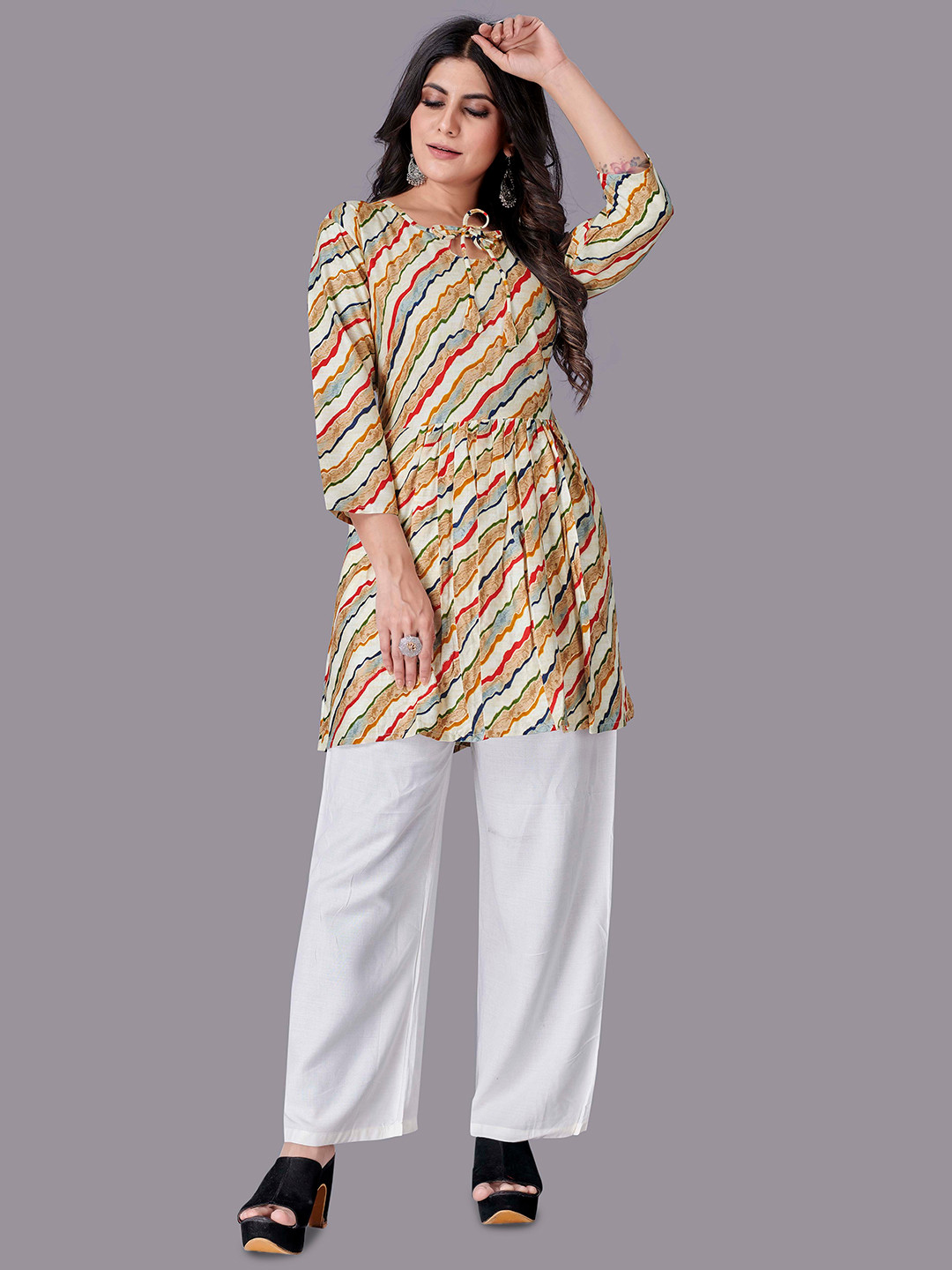 

Fashion FRICKS Tie-Up Neck Striped A-Line Top, White