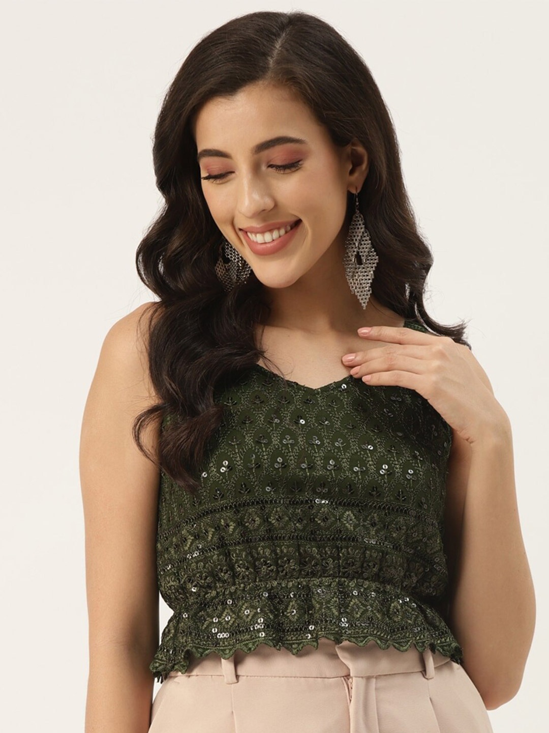 

BRINNS Embellished Sequined Cinched Waist Crop Top, Olive