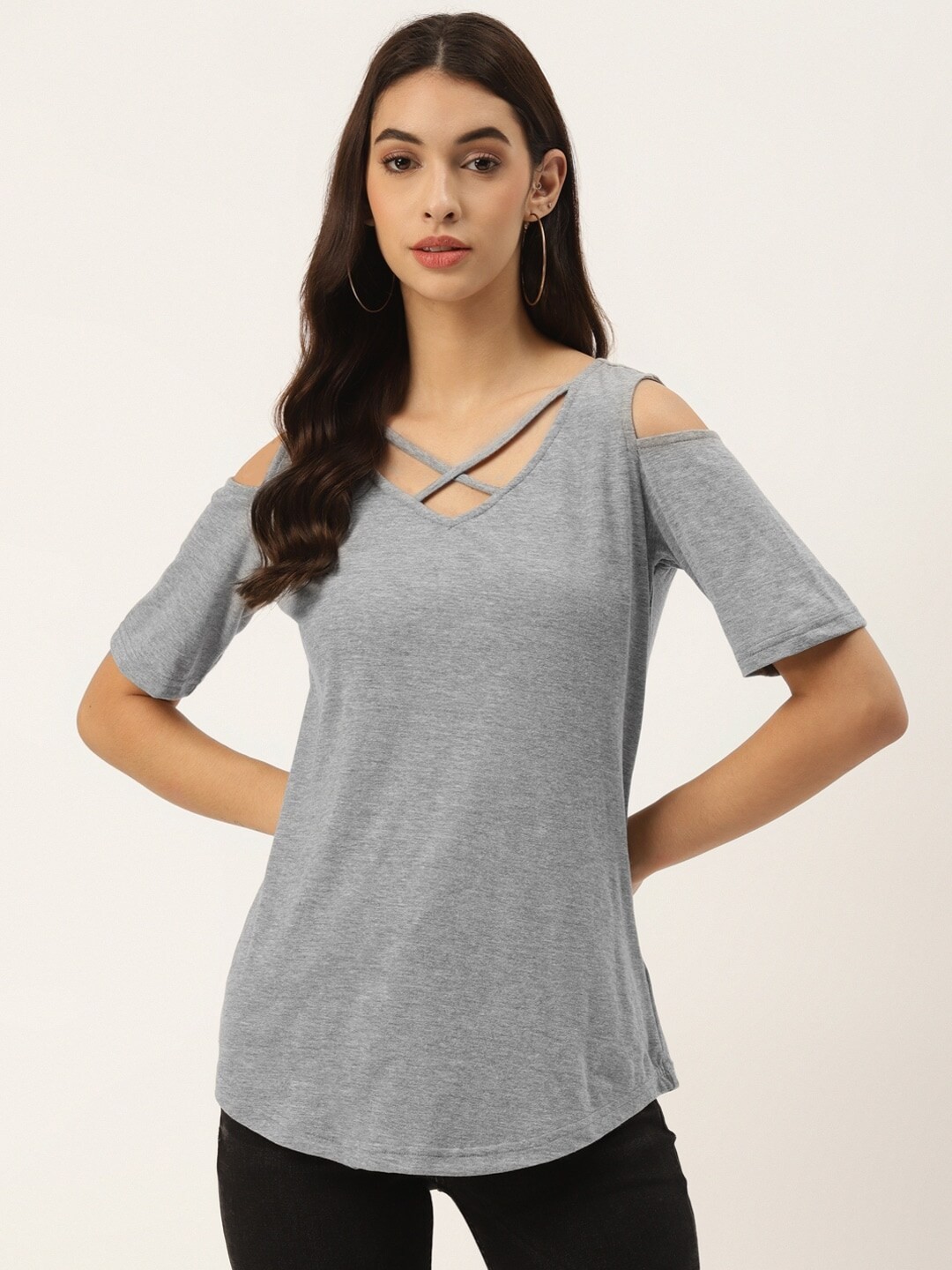 

BRINNS V-Neck Cold-Shoulder Sleeves Cotton Top, Grey