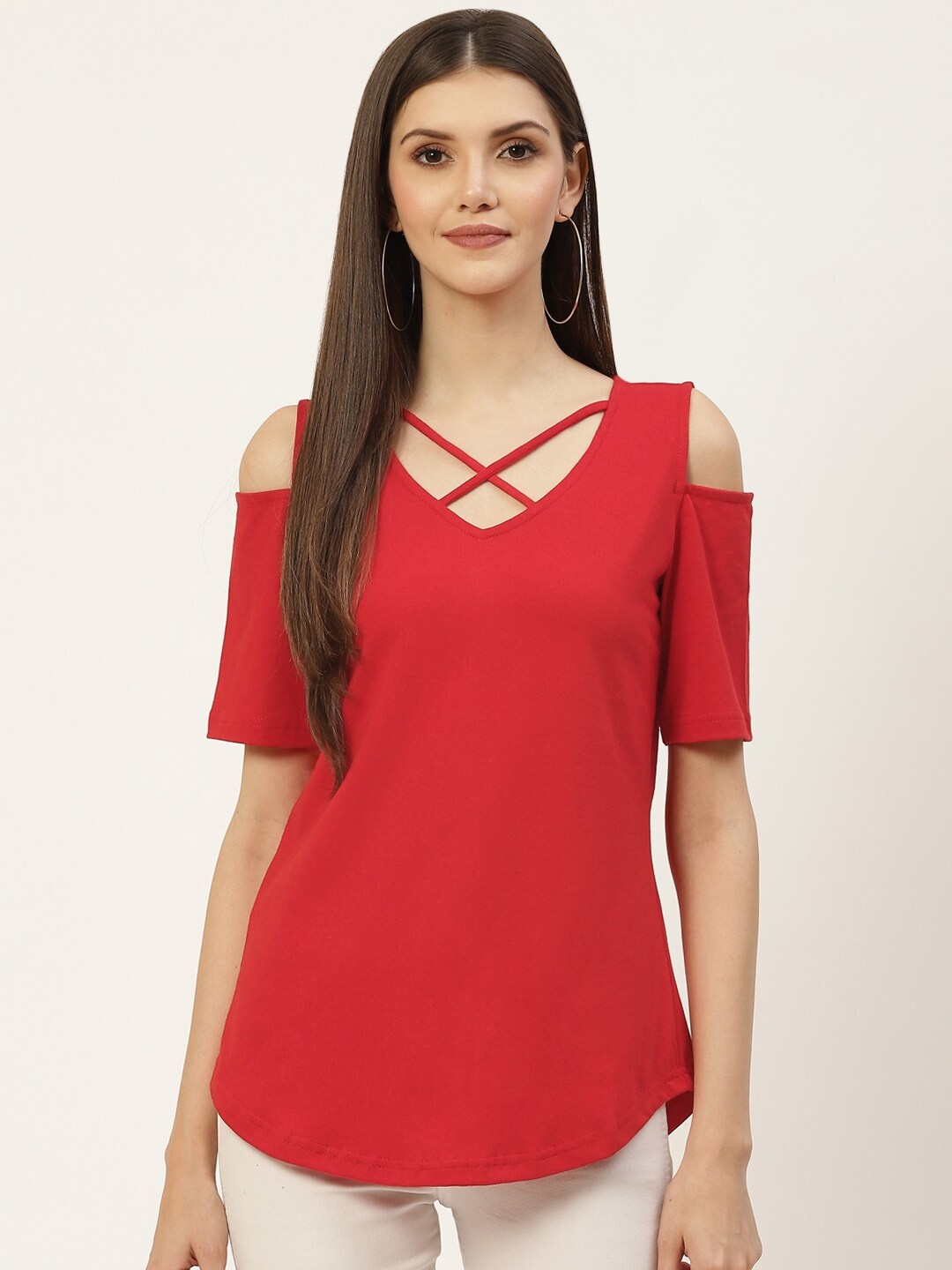 

BRINNS Cold-Shoulder Sleeves Pure Cotton Cut Out Top, Red