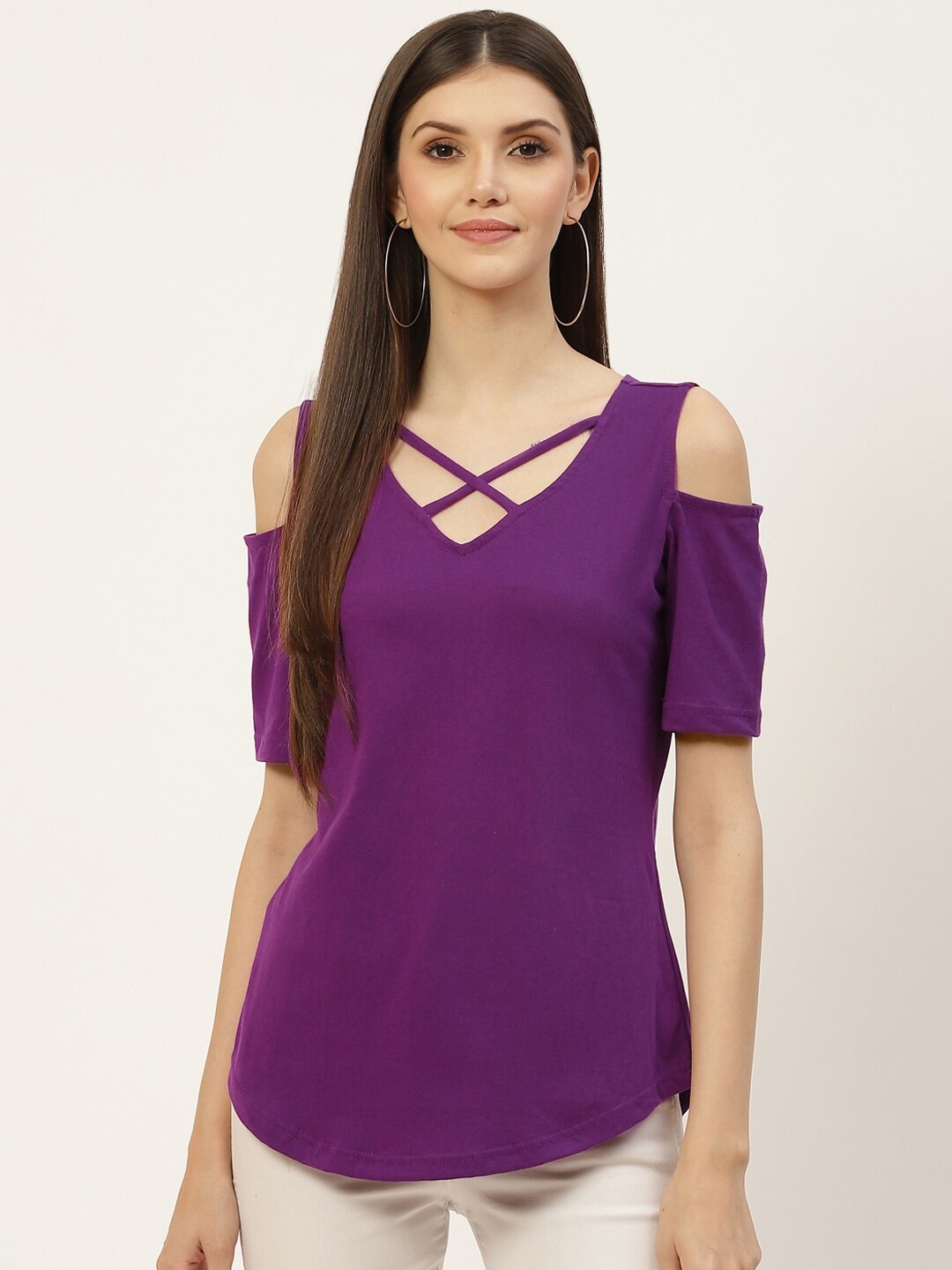 

BRINNS Cold-Shoulder Sleeves V-Neck Pure Cotton Top, Purple