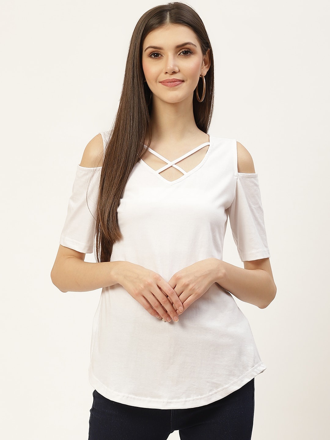 

BRINNS Cold-Shoulder Sleeves V-Neck Pure Cotton Top, White