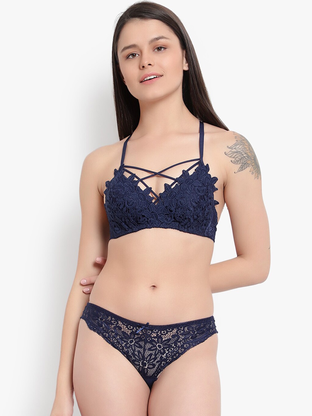 

BRACHY Self-Design Lightly-Padded Low-Rise Lingerie Set, Navy blue