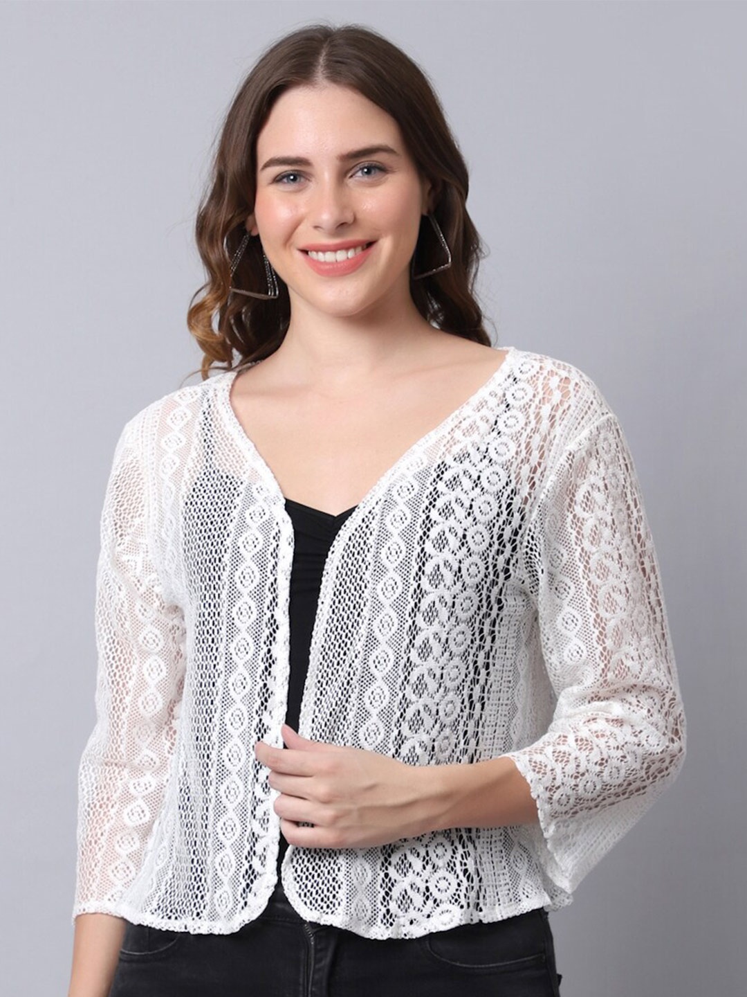 

UnaOne Women Self Design Cotton Lace Open Front Shrug, Off white