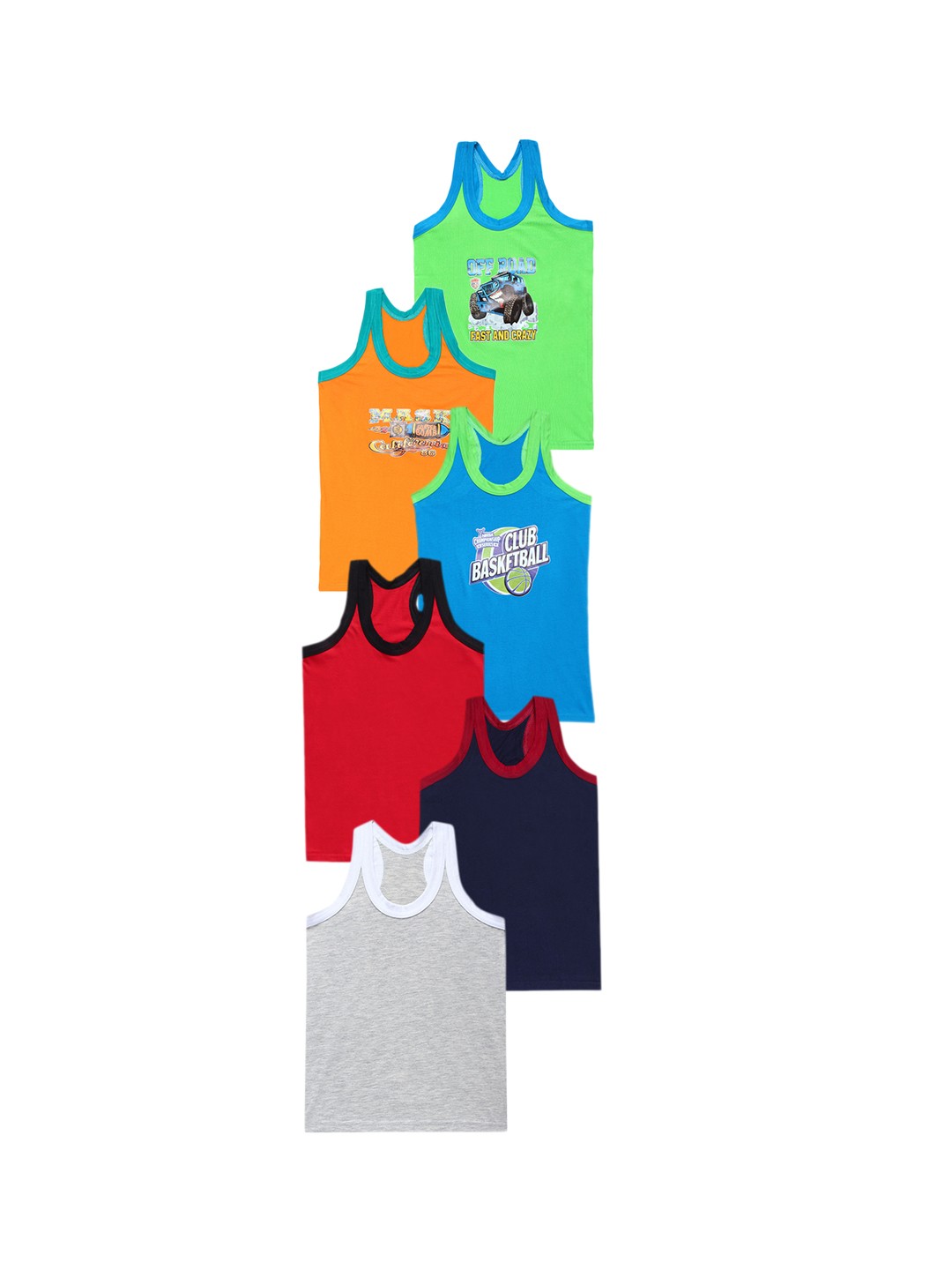 

CAREPLUS Boys Pack Of 6 Printed Cotton Sleeveless Scoop Neck Undershirt Vest, Grey
