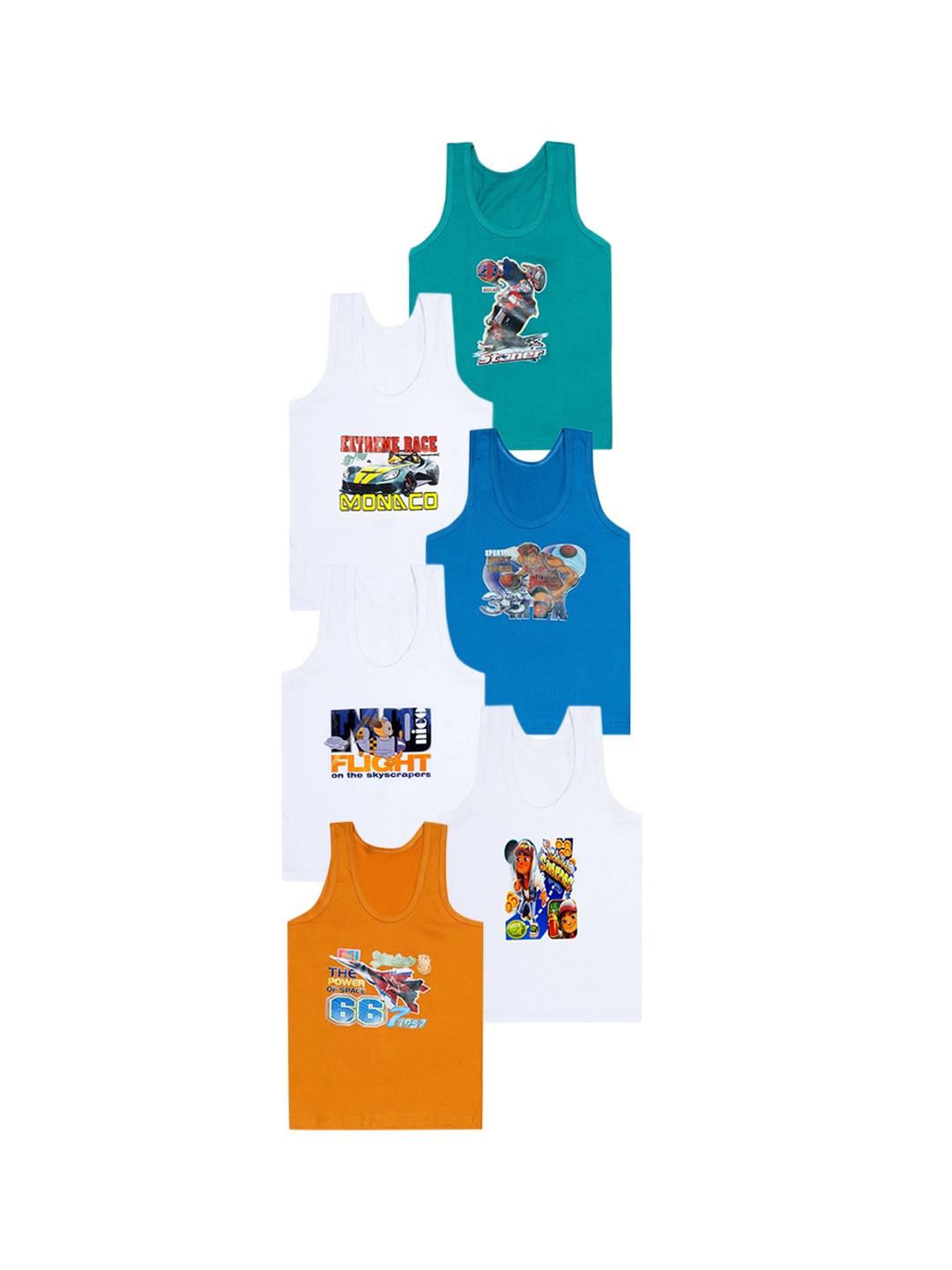 CAREPLUS Boys Pack Of 6 Printed Cotton Comfortable Undershirts Vest, White