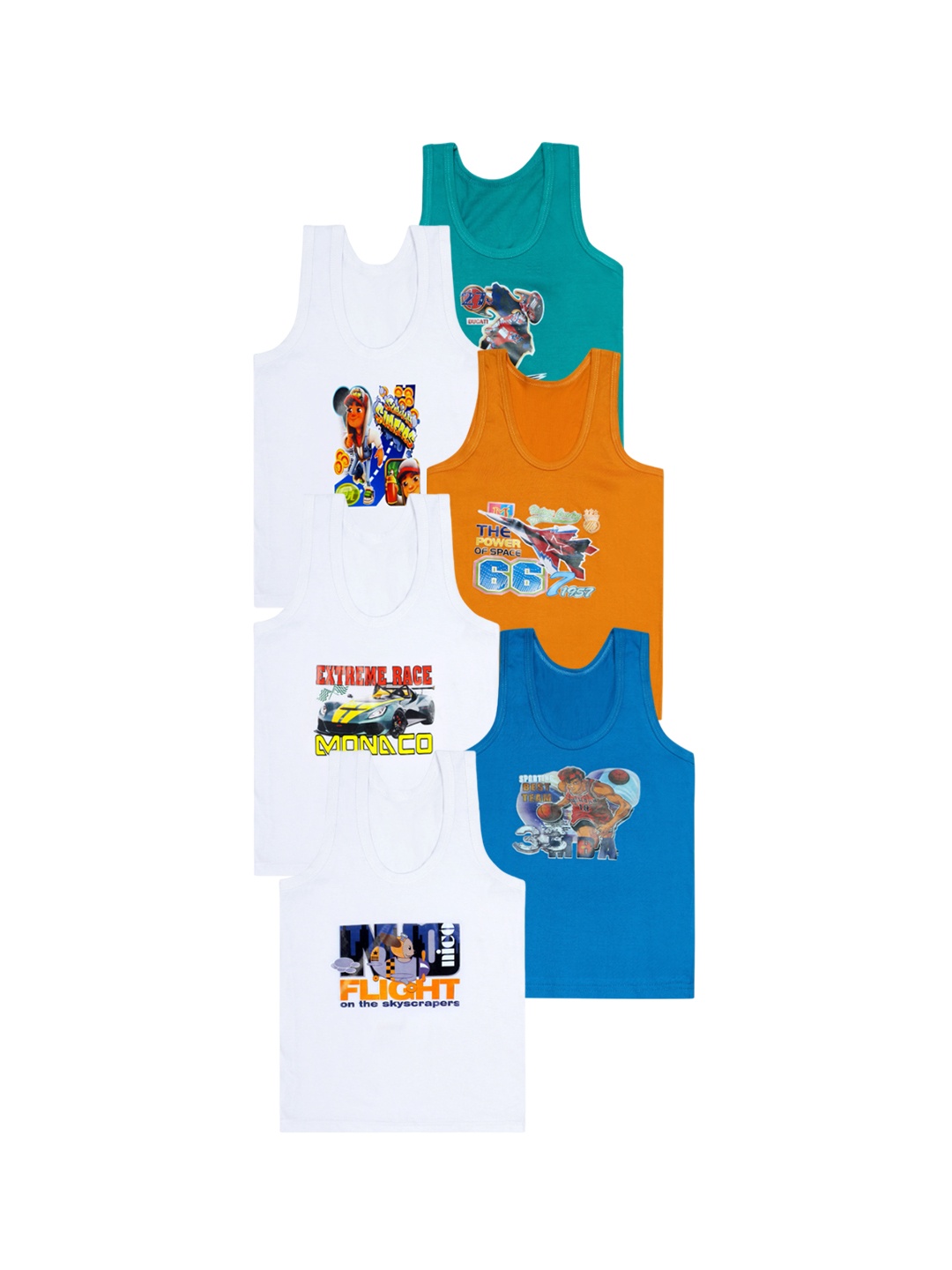 

CAREPLUS Boys Pack Of 6 Printed Cotton Innerwear vest, White