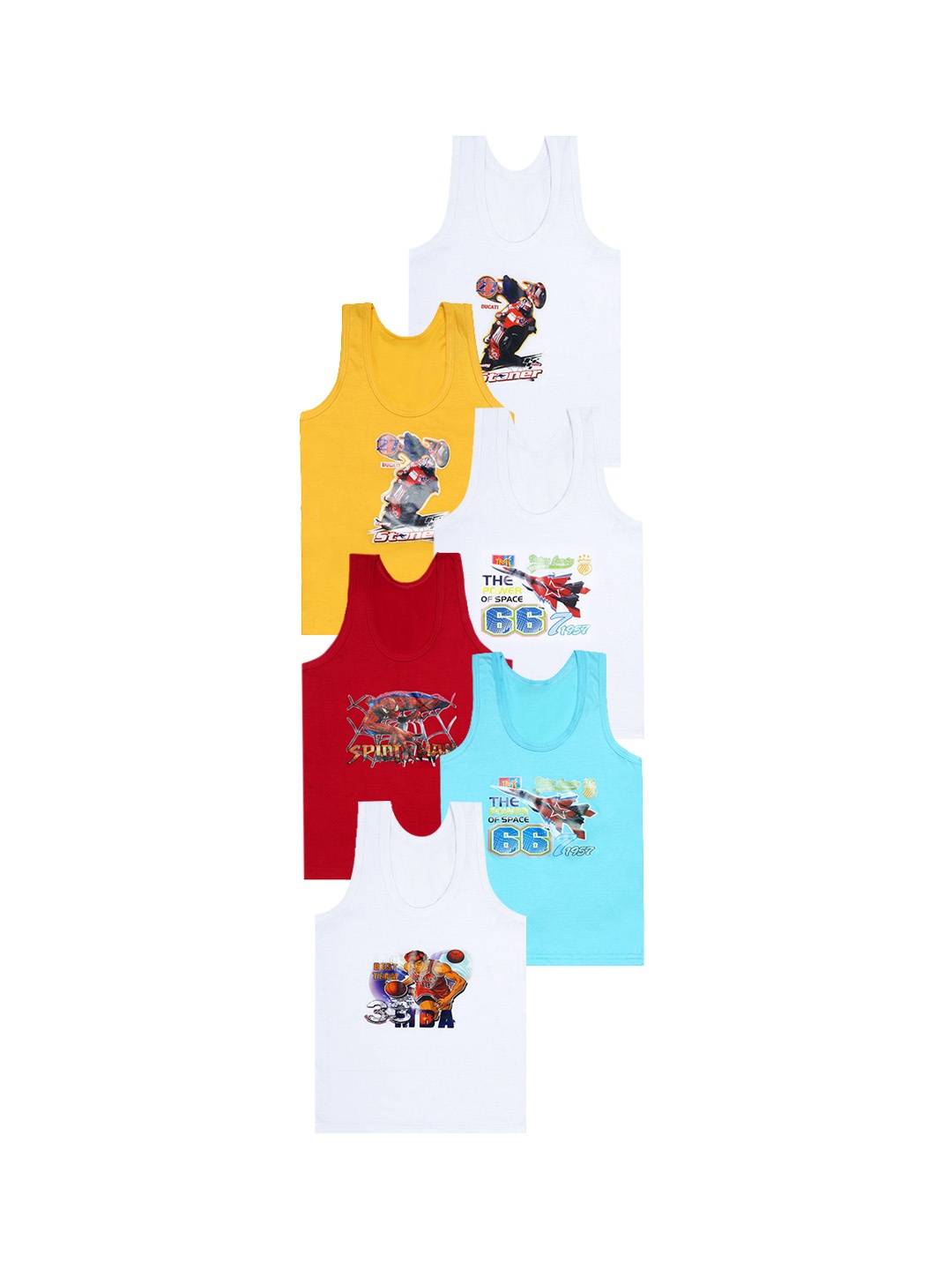 

CAREPLUS Boys Pack Of 6 Printed Cotton Vests, White