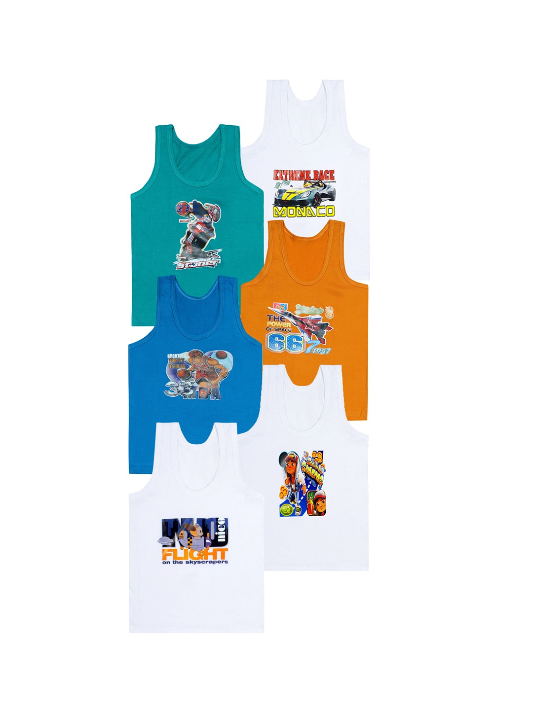 

CAREPLUS Boys Pack of 6 Printed Cotton Innerwear Vests, White