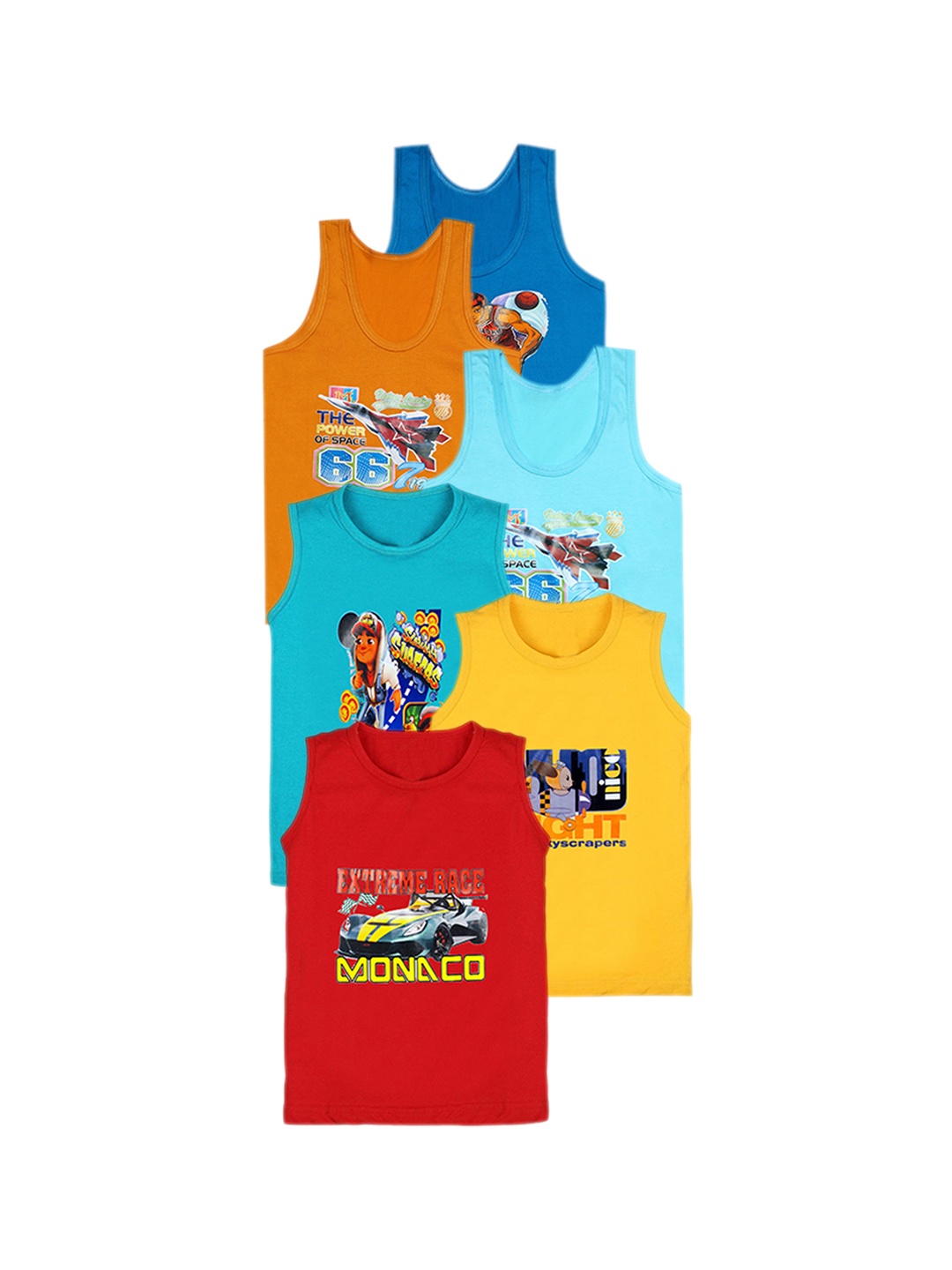 

CAREPLUS Boys Pack Of 6 Printed Cotton Basic Vests, Blue