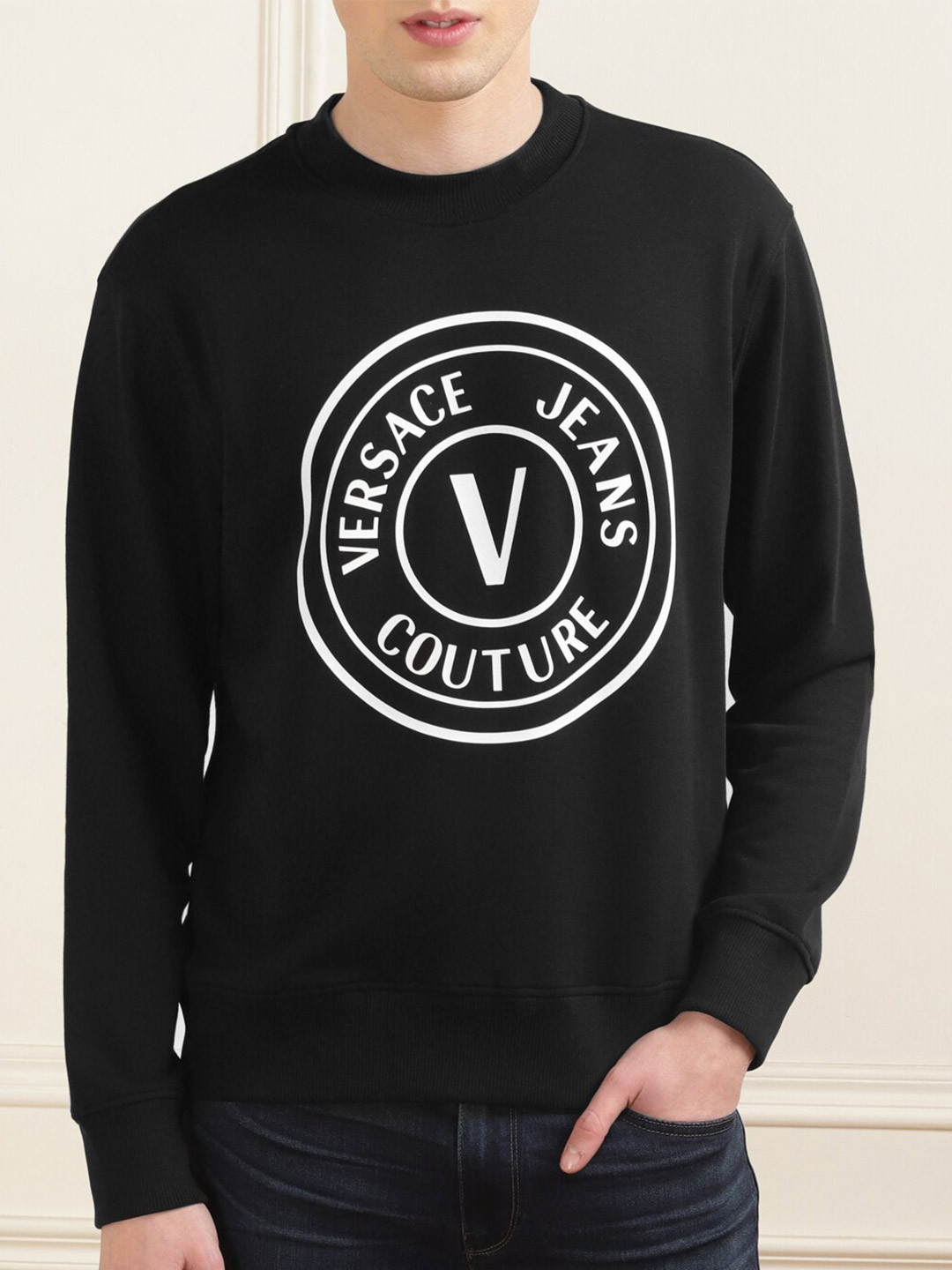 

Versace Jeans Couture Typography Printed Cotton Pullover Sweatshirt, Black