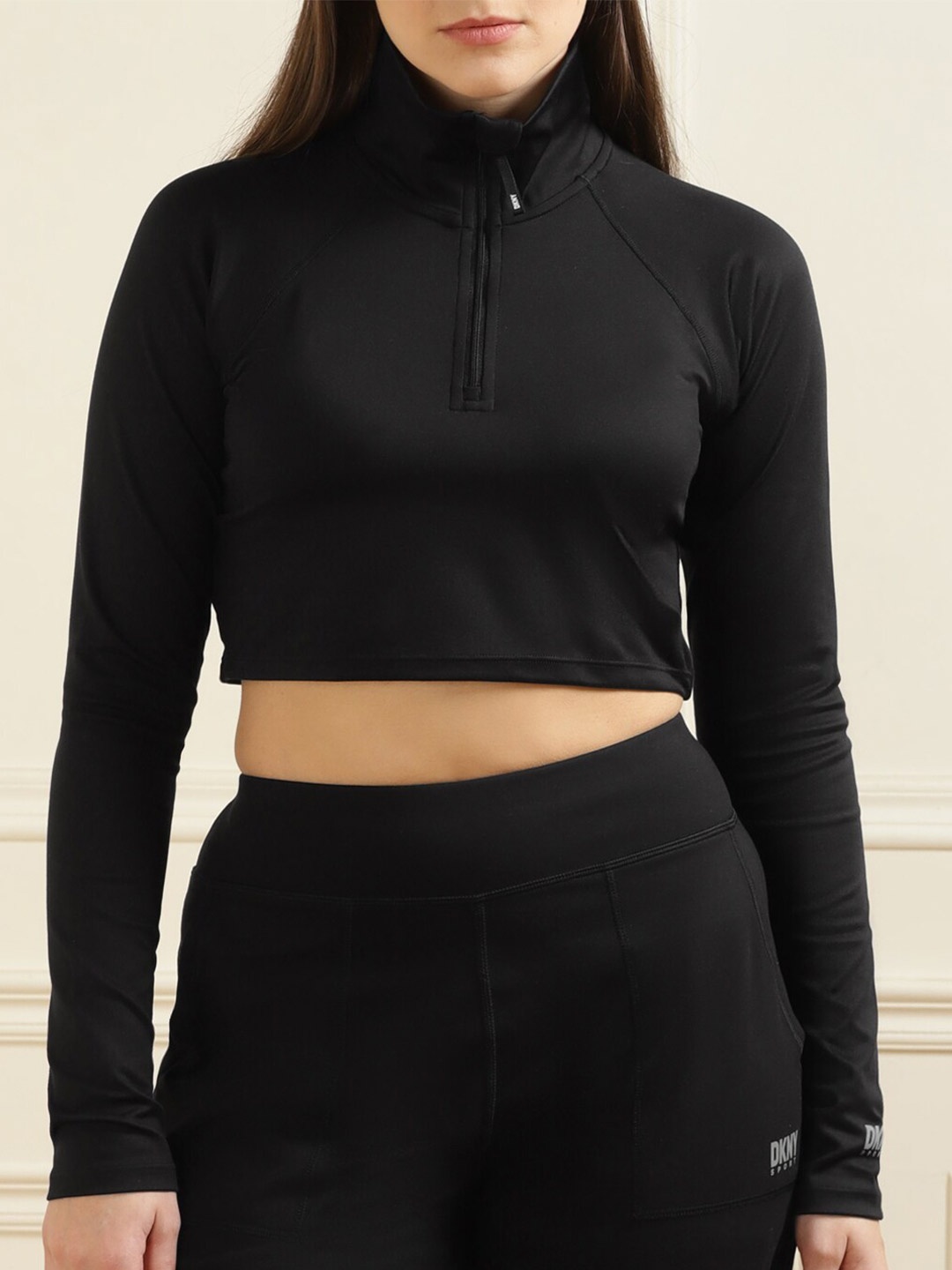 

DKNY High Neck Half Zipper Cropped Pullover Sweatshirt, Black