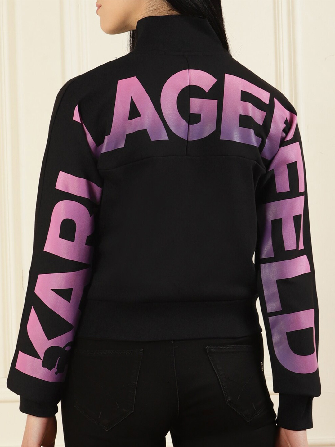 

Karl Lagerfeld High Neck Typography Printed Front-Open Sweatshirt, Black
