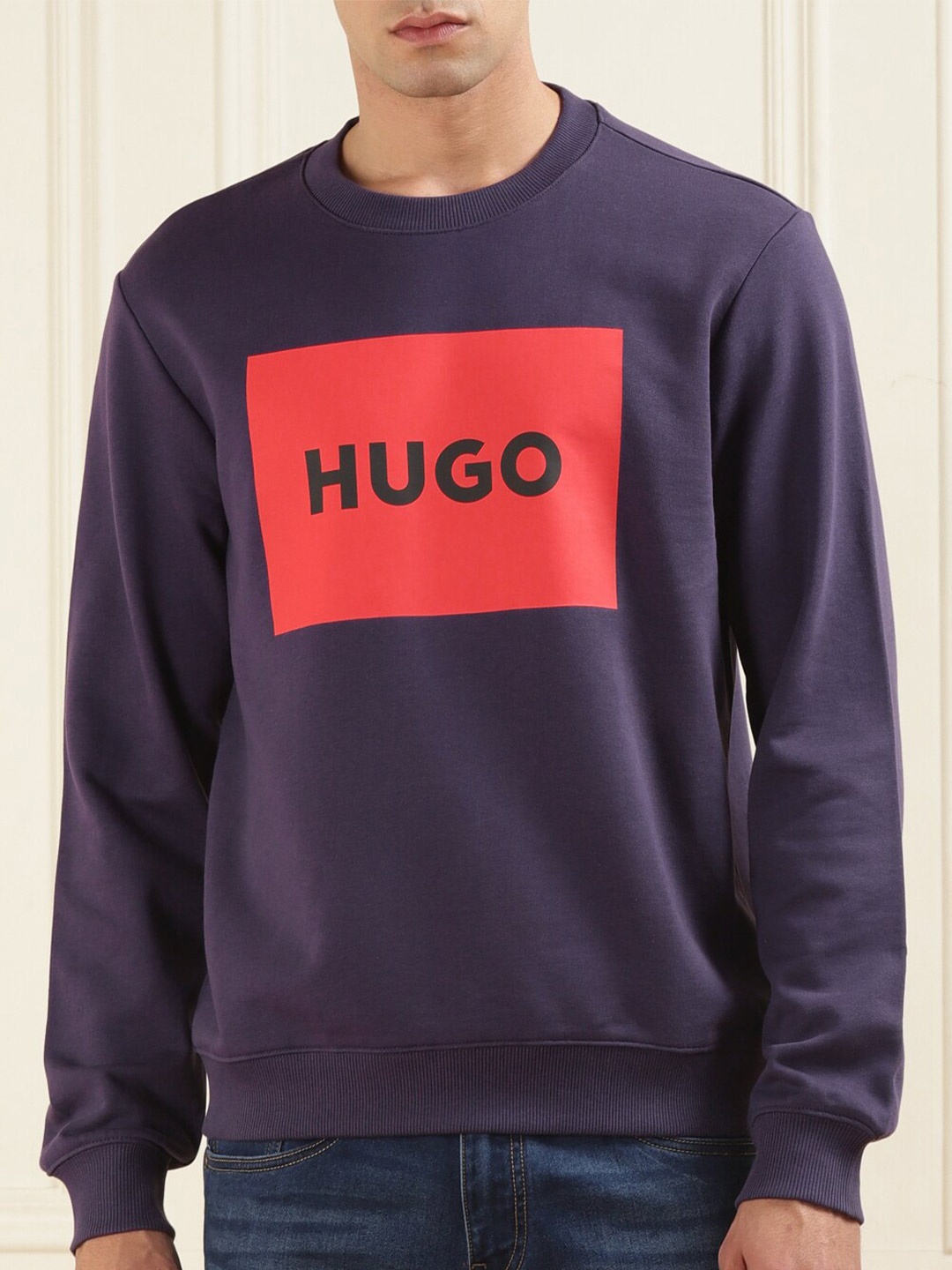 

HUGO Long Sleeves Patch Brand Logo Printed Cotton Pullover Sweatshirt, Purple