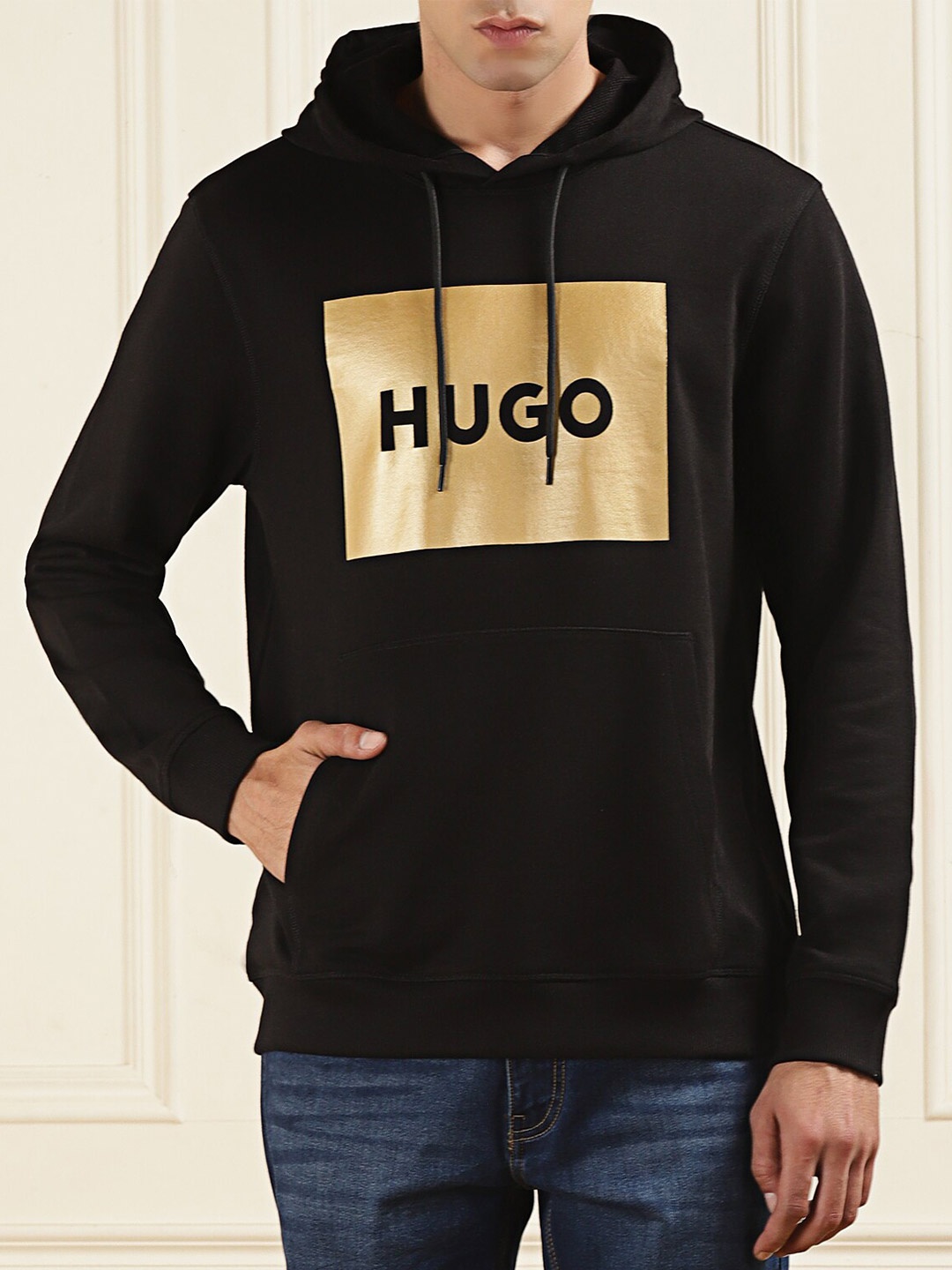 

HUGO Kangaroo Pockets Patch Printed Hooded Cotton Pullover Sweatshirt, Black