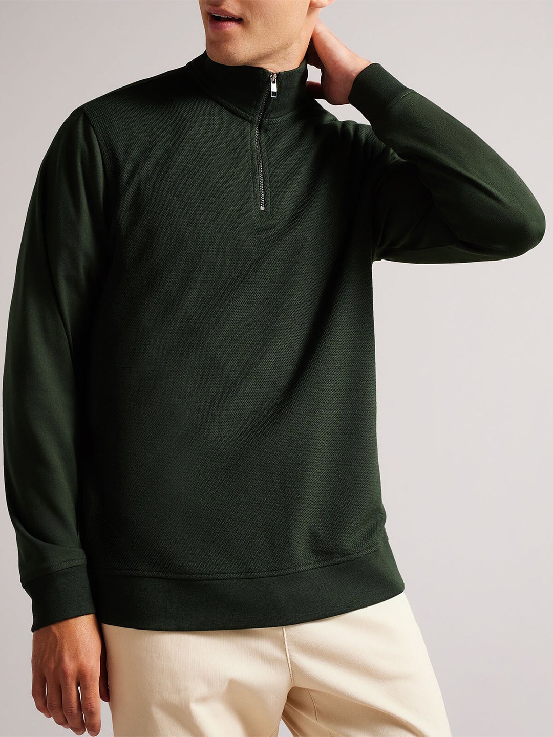 

Ted Baker Half-Zip Long Sleeves High Neck Cotton Pullover Sweatshirt, Olive
