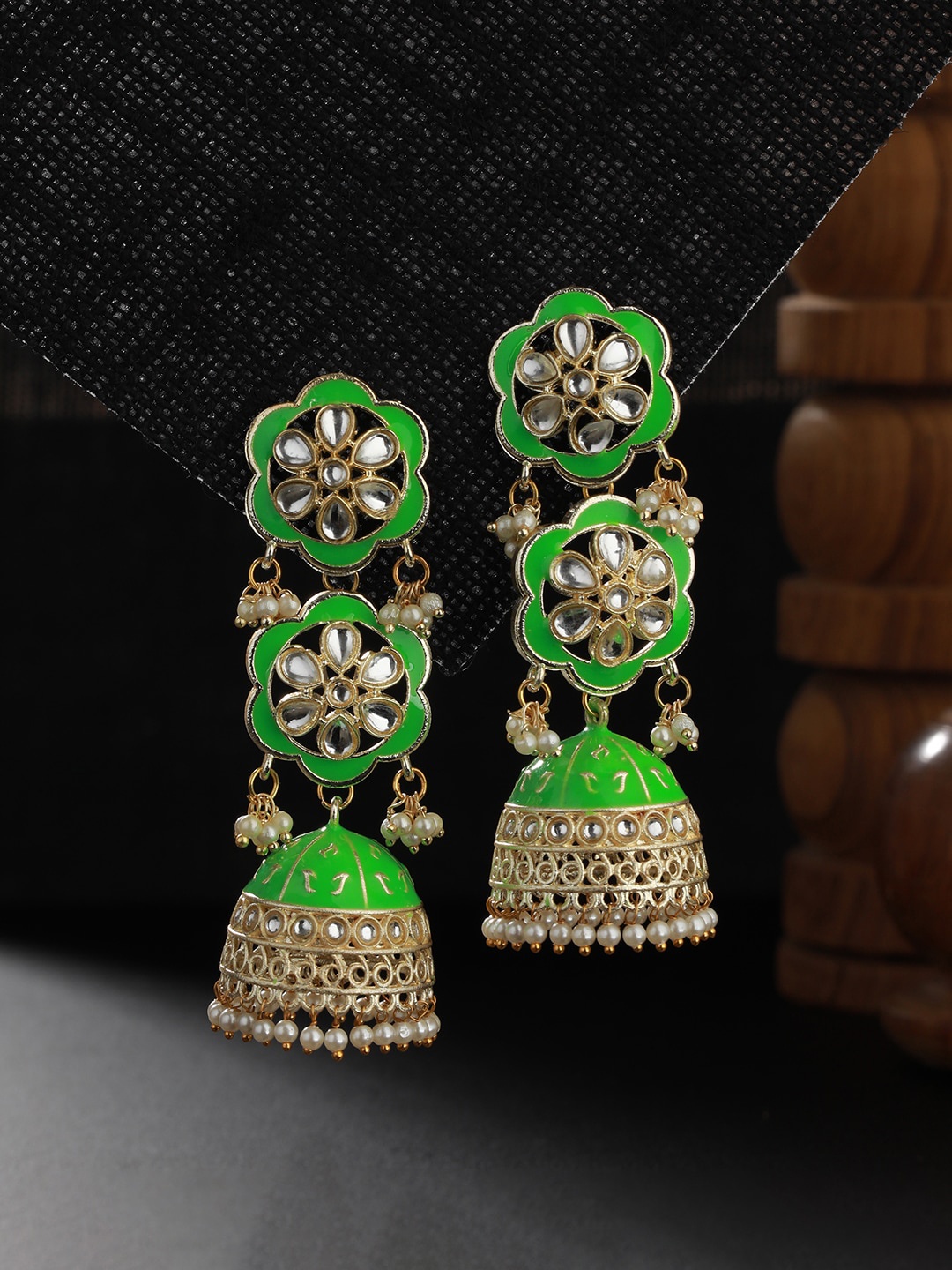 

Jazz and Sizzle Gold-Plated Kundan Contemporary Jhumkas Earrings, Green