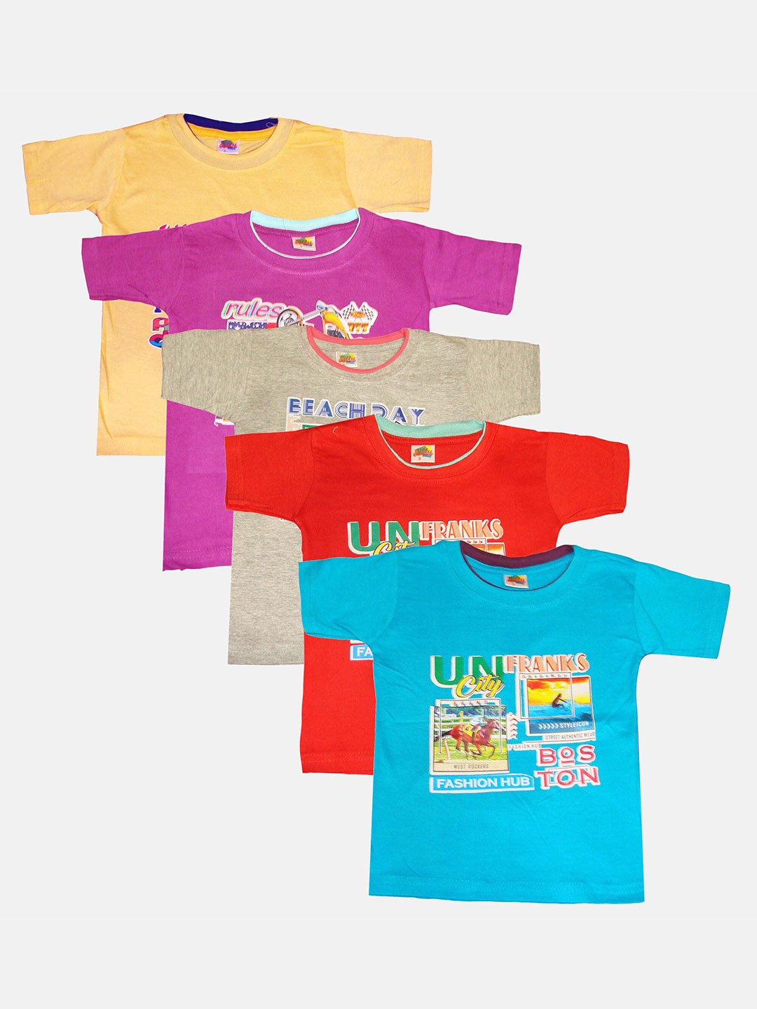 KIFAYATI BAZAR Kids Pack Of 5 Typography Printed Pure Cotton T-shirt, Blue