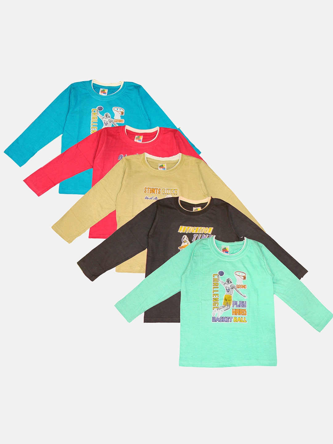 

KIFAYATI BAZAR Kids Pack Of 5 Typography Printed Pure Cotton T-shirt, Sea green
