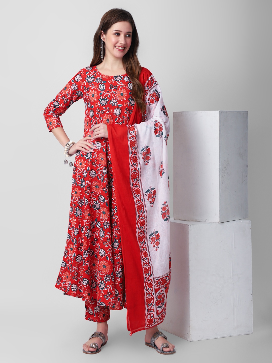 

KALINI Floral Printed Anarkali Pure Cotton Kurta with Palazzos & Dupatta, Red