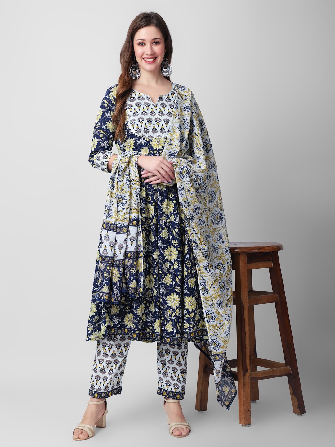 

KALINI Floral Printed Gotta Patti Pure Cotton Kurta with Palazzos & Dupatta, Blue