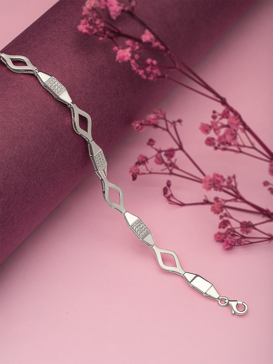 

SILBERRY 925 Sterling Rhodium-Plated Cubic Zirconia Link Bracelet, Silver