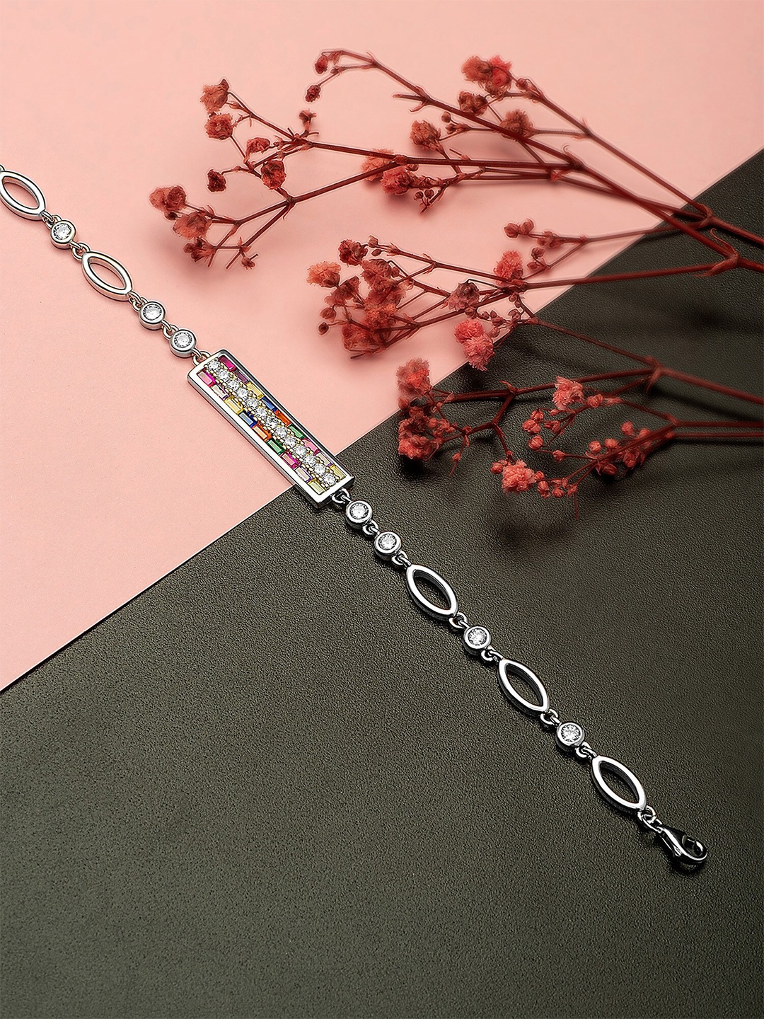 

SILBERRY 925 Sterling Rhodium-Plated Cubic Zirconia Charm Bracelet, White