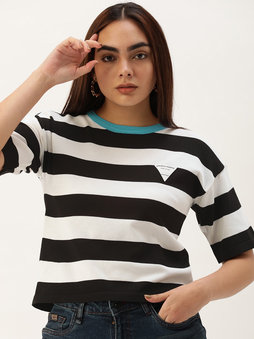 

SHECZZAR Women Striped T-shirt, Black